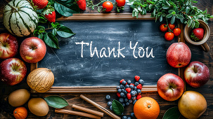Thank you written on a chalkboard surrounding by fruits
