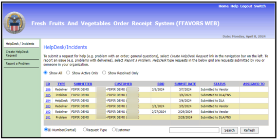 The HelpDesk/Incidents screen allows users to view all submitted ticket types and associated statuses.