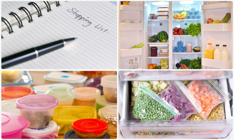 shopping list, leftover food, organized refrigerator, frozen produce in freezer