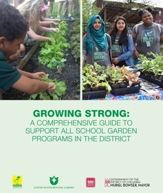 Growing Strong cover page, including a photo of young children harvesting lettuce and a photo of two teenagers planting seeds. 