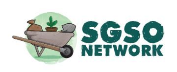 School Garden Support Organization's logo: A drawing of a shovel, bag of dirt, and a plant in a wheelbarrow. 