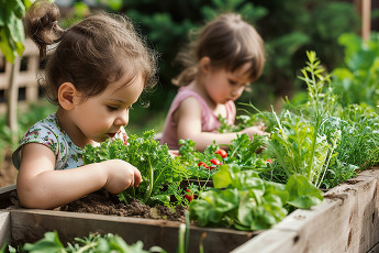 two little girls with plants in a raised bed garden