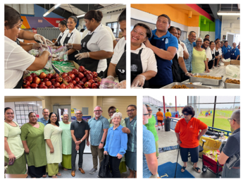 Collage of photos of kitchen and workers preparing summer meals