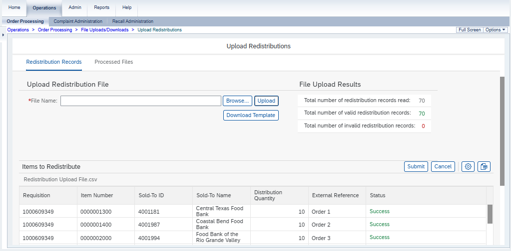 The Upload Redistributions screen after a file has been successfully uploaded.