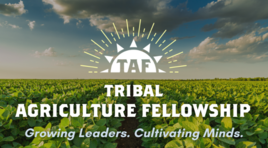 Tribal Agriculture Fellowship Logo over a field of lettuce and blue cloudy sky 