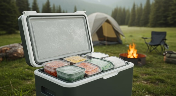 Cooler with food at camp