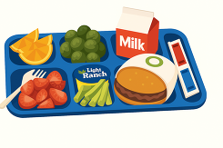 school meals tray with a hamburger, orange wedges, strawberries, brussels sprouts, and milk