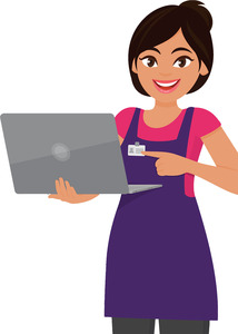 school nutrition professional holding an open laptop