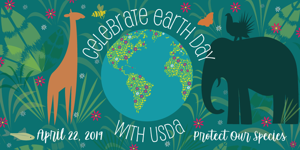 graphic of giraffe, elephant, and globe for Celebrating Earth Day 2019