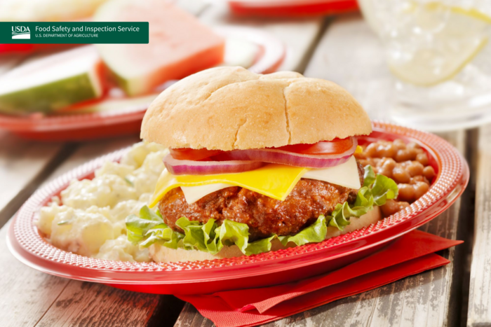 Cheeseburger on a red plate with baked beans and coleslaw on a picnic table