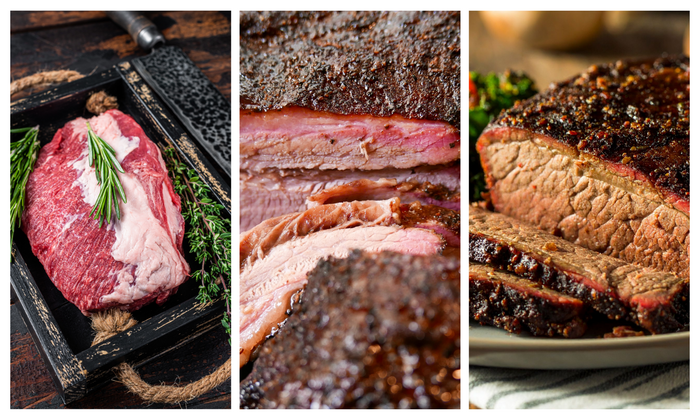 Three different pictures of brisket in various forms of preparation