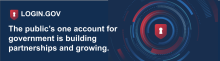 Login.gov logo surrounded by blue and red swirls on a dark blue background.