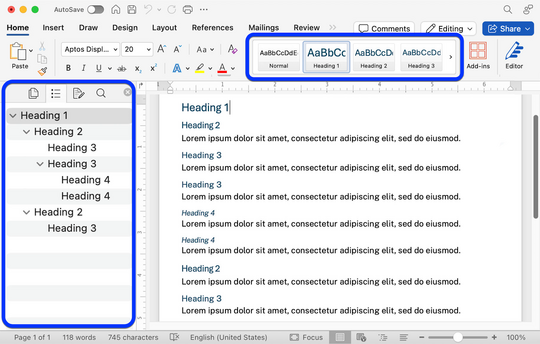 Document with headings and the styles Normal, Headings 1, 2, 3 in Styles Pane and example showing Headings 1, 2, 3, 3, 4, 4, 3, 3.