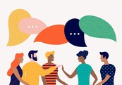 group of people talking, represented by different color speech bubbles