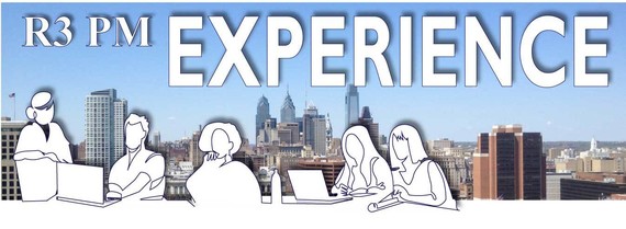 R3 PM Experience Banner With People Sitting at a Table in front of Philadelphia Skyline