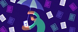 image of someone standing under an umbrella in a downpour of paperwork