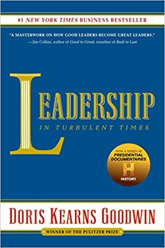 book cover - leadership in turbulent times (blue book with title in gold text)