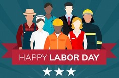 illustration of people from different professions behind a banner reading happy labor day