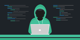 illustration of a person in a green hoodie sitting in front of a gray laptop computer