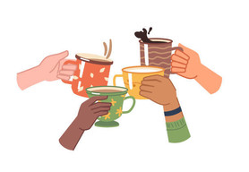 four arms holding four coffee cups in a cheers pose