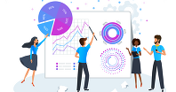 data literacy illustration showing different data visualization types and four people using them