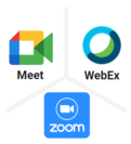 logos for Google Meet, WebEx, and Zoom