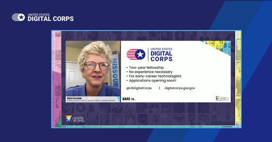 Robin Carnahan talking to the camera about the U.S. Digital Corps at Grace Hopper Celebration