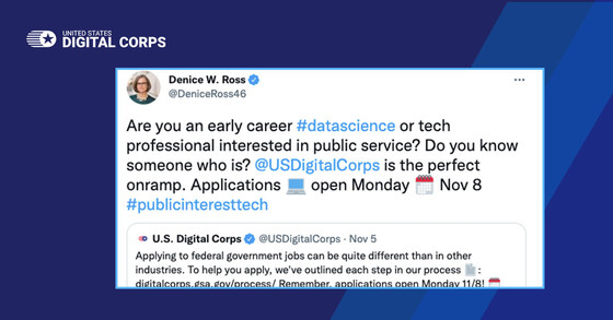 Tweet from Denice Ross promoting the U.S. digital Corps application