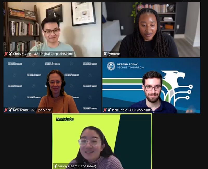 Handshake virtual panel with Chris Kuang (USDC), Kira Tebbe (USDC/HHS), Jack Cable (CISA), Sunny (Handshake) and Symone