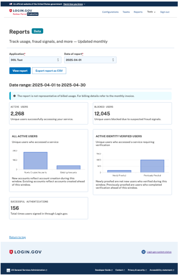 Example of what reports will look like on the Login.gov partner portal