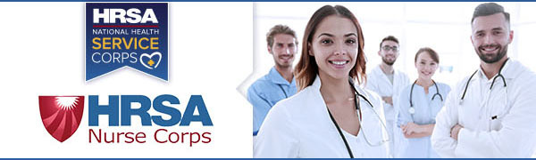 National Health Service Corps logo and Nurse Corps logo with image of group of health care clinicians 