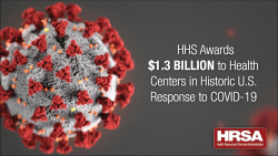 HHS Awards $1.3 Billion to Health Centers in Historic U.S. Response to COVID-19. Image of covid-19 molecule.