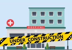 clipart of a hospital with an under construction banner across the image