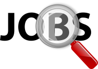 A photo of a hand holding a magnifying glass over the letter b in the word jobs