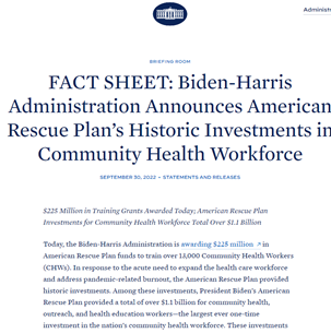 Screenshot of the Fact Sheet: Biden-Harris Admin Announces American Rescue Plan's Historic Investments in Community Health Workforce