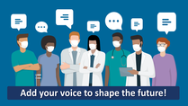 Graphic of ethnically diverse health center workers, each with thought bubble above their head. "Add your voice to shape the future!"
