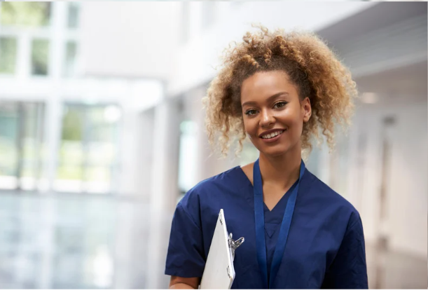 Nurse wearing navy scrubs