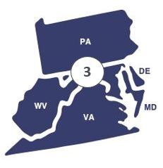 Logo of region 3 including District of Columbia and the states of Maryland, Virginia, West Virginia, Pennsylvania, and Delaware