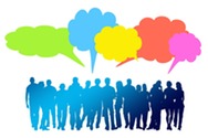 illustration of a crowd of people with different colors of thought balloons above to represent feedback