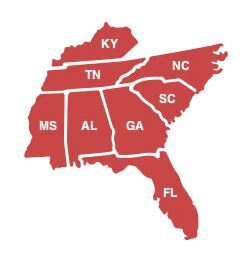 Map of HHS region 4 including states of AL, FL, GA, KY, MS, NC, SC, TN