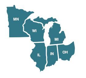 Map of HHS region 5, including states of IL, IN, MI, OH, MN, WI