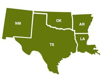 Map of HHS region 6 including the states of AR, LA, NM, TX, OK