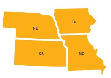 Map of HHS region 7, including the states of Nebraska, Iowa, Kansas and Missouri