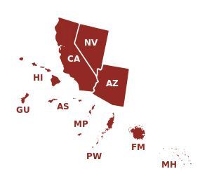 Map of HHS region 9, including the states of CA, NV, AZ, HI, GU, AS, MP, PW, FM, MH