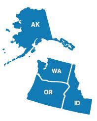 Map of HHS region 10, including the states of Oregon, Washington, Alaska and Idaho