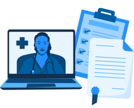 Doctor on a computer, clipboard, and paper with a seal