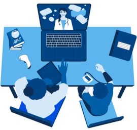 Child and nurse doing a telehealth visit with a provider at a desk