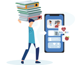 Provider carrying many charts with an arrow to the medical record on a device