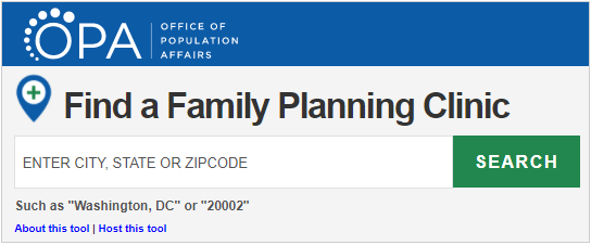 The title of the text box says Find a Family Planning Clinic. Under the title is a search bar that says Enter City, State, or Zipcode.