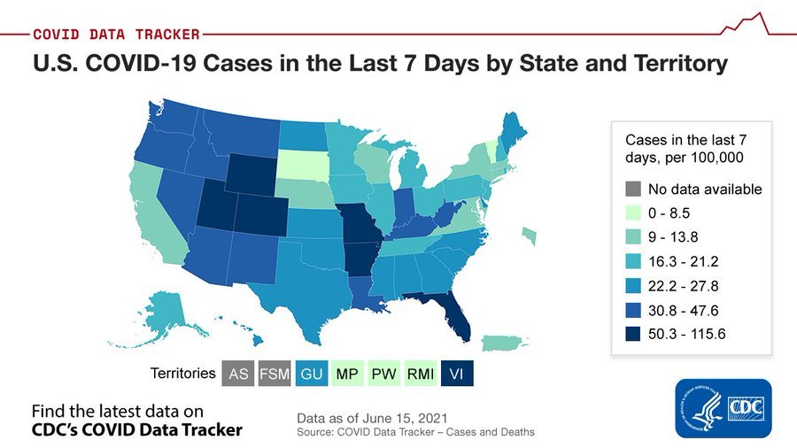 U.S. COVID-19 Cases in the Last 7 Days by State and Territory - 2021 June 15